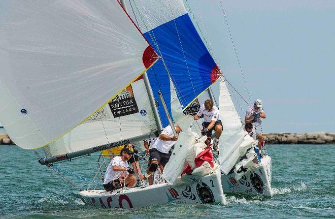 Bjorn Hansen leads on the downwind to take third palce at Chicago Match Cup © Walter Cooper/Chicago Match Cup