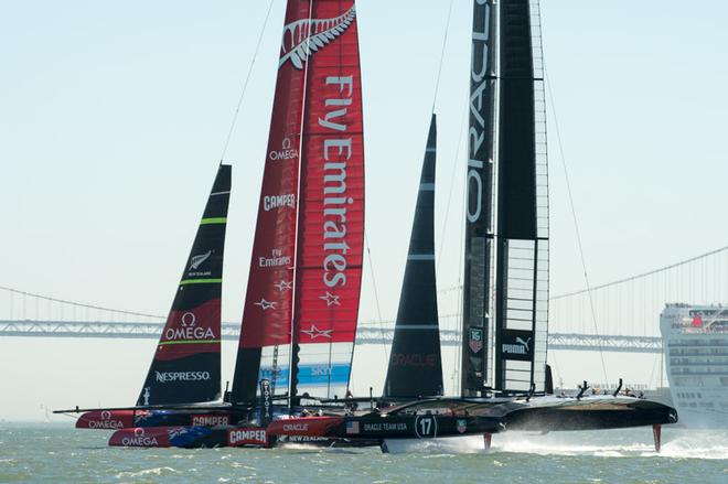 Emirates Team New Zealand leads over Oracle Racing USA on the 2nd leg of the first race of the America’s Cup 34.  © Chris Cameron/ETNZ http://www.chriscameron.co.nz