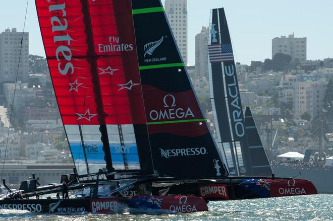 Emirates Team New Zealand dips Oracle Racing USA on the beat in the first race of the America’s Cup 34.  © Chris Cameron/ETNZ http://www.chriscameron.co.nz