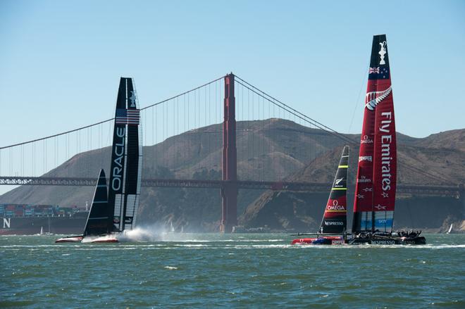 Emirates Team New Zealand and Oracle Racing USA come together in the pre start for race two of the America’s Cup 34.  © Chris Cameron/ETNZ http://www.chriscameron.co.nz
