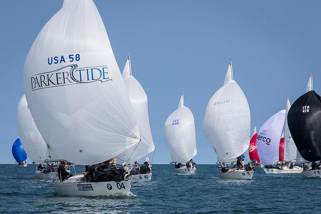 Howth Yacht Club, Co. Dublin, Ireland; Monday 26th August 2013: Tony Parker’s Bangor Packet from Annapolis leading the 40 strong fleet in race one of the BMW J24 World Championship at Howth, Co. Dublin yesterday (Monday). © David Branigan/Oceansport http://www.oceansport.ie/