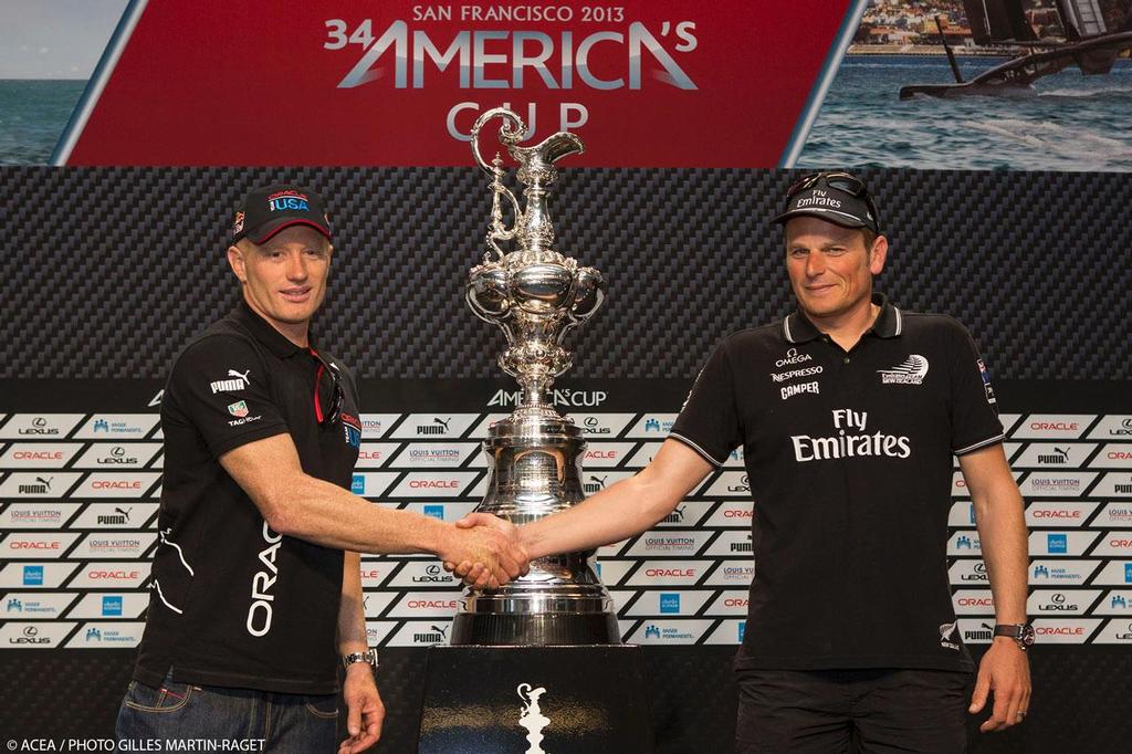 05/09/2013 - San Francisco (USA,CA) - 34th America's Cup - Final Match - Opening Press conference - James Spithill (ORACLE Team USA), The America's Cup Trophy, Dean Barker (Emirates team New Zealand) photo copyright ACEA - Photo Gilles Martin-Raget http://photo.americascup.com/ taken at  and featuring the  class