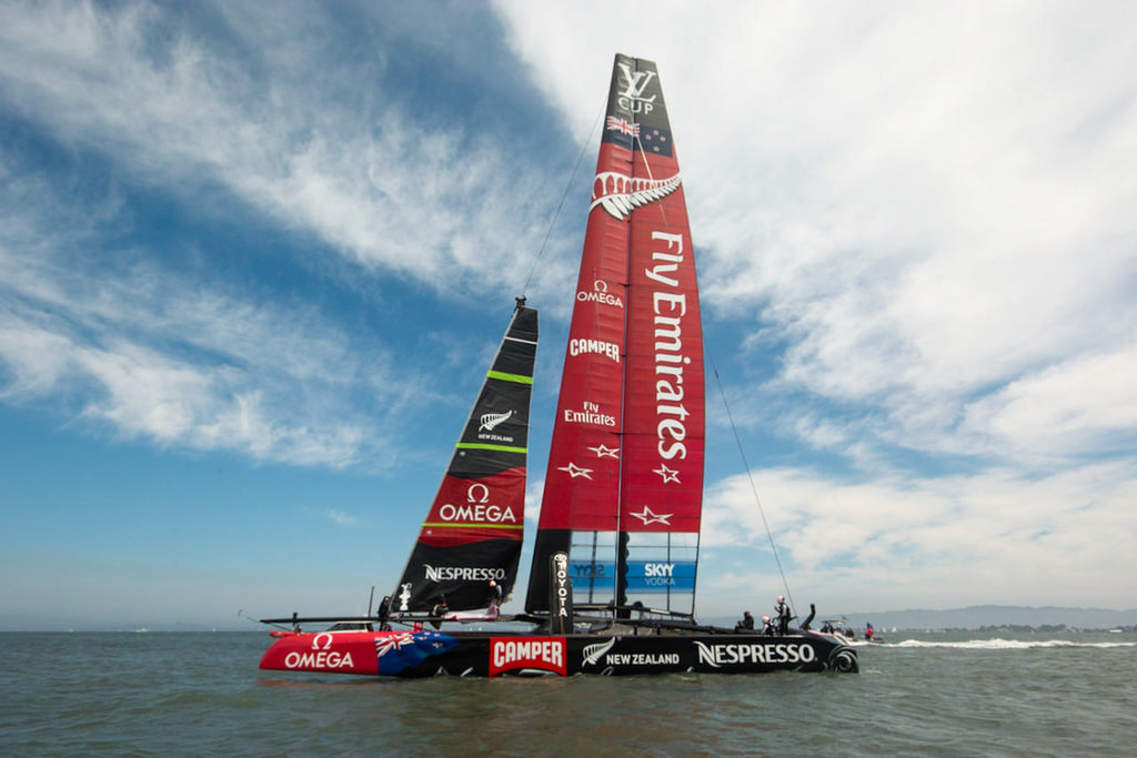 Emirates Team New Zealand, against a pre-fog sky. At the other end of the course, the fog took over.  - America’s Cup © Chuck Lantz http://www.ChuckLantz.com