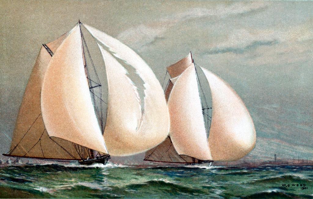 PICTURES OF YESTERYEAR - Managed by PPL PHOTO AGENCY - Copyright Reserved
1893 America's Cup: Lord Dunraven's British challenger 'Valkyrie II' suffers a torn spinnaker while racing against the American defender 'Vigilant' near the finish line, October 13th 1893.  From a pen drawing by W. G. Wood, 
CREDIT: Bob Fisher Archive/PPL
Tel: +44 (0)1243 555561  E.mail: ppl@mistral.co.uk
Web: www.pplmedia.com *** Local Caption *** 1893 America's Cup: Lord Dunraven's British challenger 'Valkyrie II' suffer photo copyright PPL Media http://www.pplmedia.com taken at  and featuring the  class