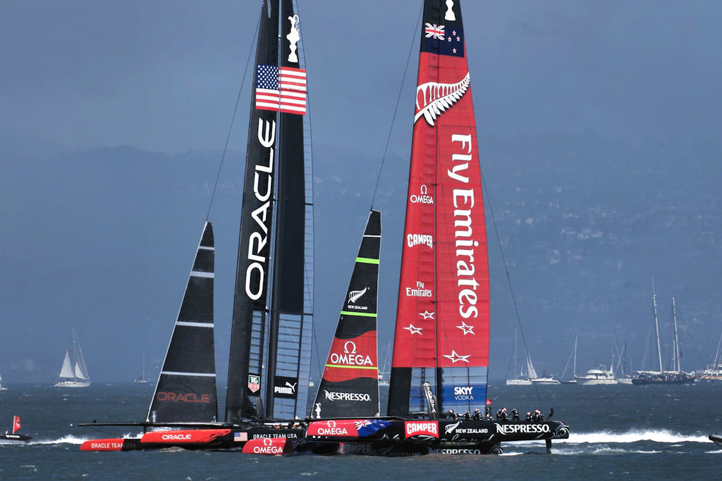 Defender and Challenger in close quarters on the bay during the America’s Cup © Chuck Lantz http://www.ChuckLantz.com