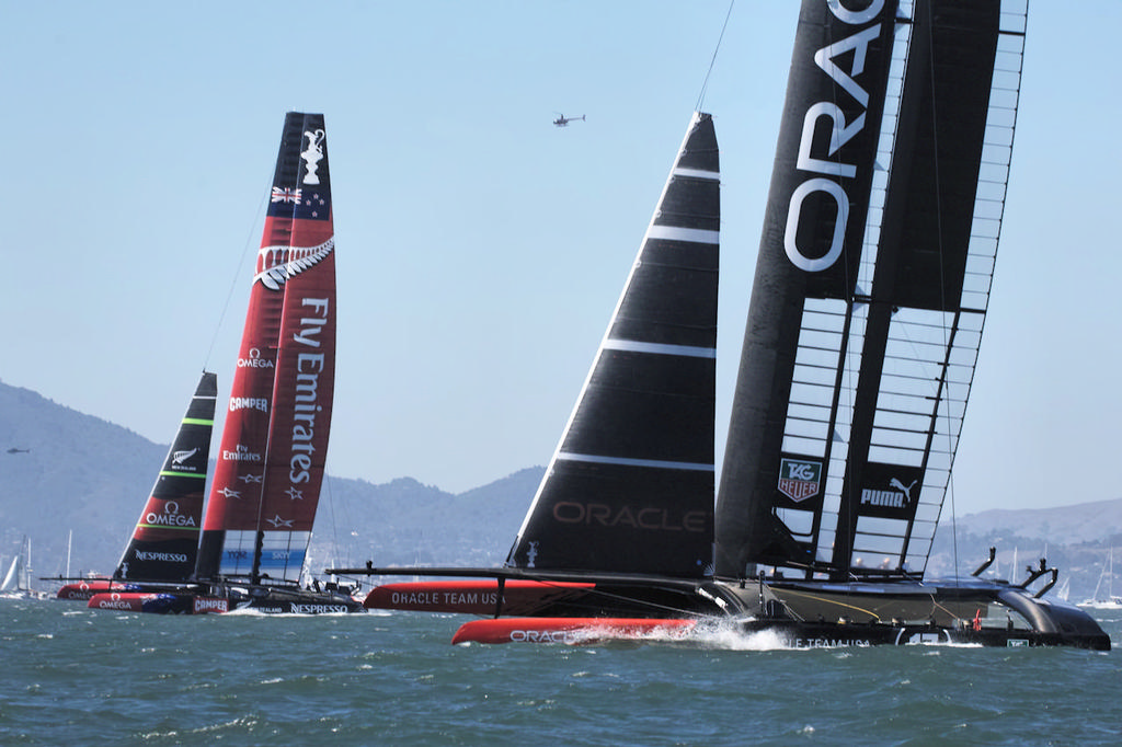 Moving downwind in race two, Emirates TNZ clear ahead. - America’s Cup © Chuck Lantz http://www.ChuckLantz.com