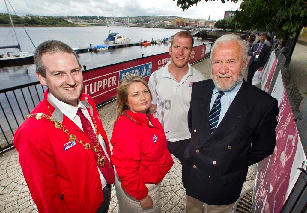 Pictured L-R Mayor of Derry City, Martin Reilly. Town Clerk & Chief Executive of Derry City Council Sharon O'Connor, Skipper Sean McCarter, founder & chairman of Clipper Race, Sir Robin Knox-Johnson. Sean is originally from Derry-Londonderry who has been chosen to skipper the Derry-Londonderry Yacht. UK City of Culture 2013, Derry-Londonderry, announce the city's participation in two further editions of the Clipper Round the World Yacht Race, in 2013-14 & 2015-16. Picture date Monday 5th August photo copyright  Liam McBurney/PA Wire http://www.pressassociation.com/ taken at  and featuring the  class