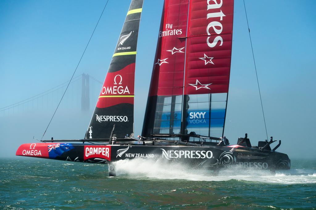 Emirates Team New Zealand's AC72, NZL5 practicing for the America's Cup for the first time after modifications. 30/8/2013. photo copyright Chris Cameron/ETNZ http://www.chriscameron.co.nz taken at  and featuring the  class