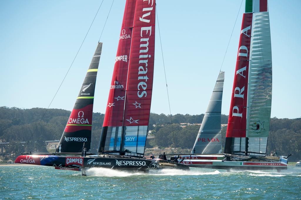 Emirates Team New Zealand's AC72, NZL5 runs race drills with Luna Rossa in their build up to meet Oracle Racing in the America's Cup. 30/8/2013. photo copyright Chris Cameron/ETNZ http://www.chriscameron.co.nz taken at  and featuring the  class
