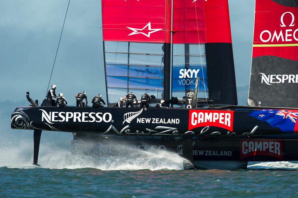 Emirates Team New Zealand’s AC72, NZL5 practicing for the America’s Cup for the first time after modifications. © Chris Cameron/ETNZ http://www.chriscameron.co.nz