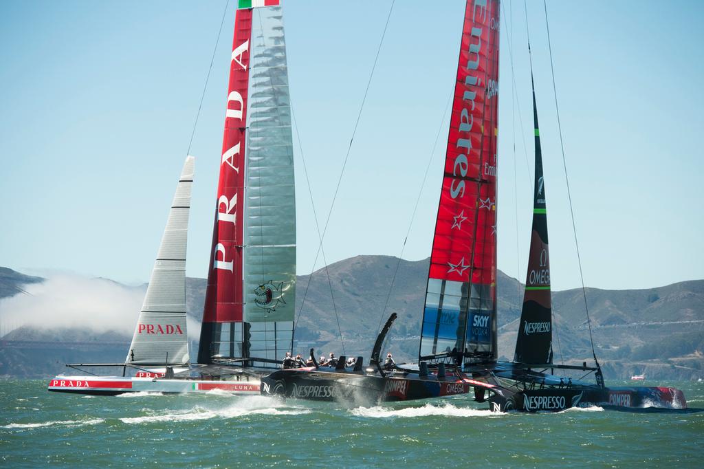 Emirates Team New Zealand's AC72, NZL5 runs race drills with Luna Rossa in their build up to meet Oracle Team USA in the America's Cup - one has gone, the other has had the rug pulled out from under them by ACEA.  © Chris Cameron/ETNZ http://www.chriscameron.co.nz