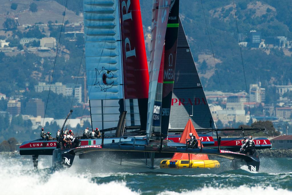 Emirates Team New Zealand&rsquo;s AC72, NZL5 practicing for the America&rsquo;s Cup for the first time after modifications. photo copyright Chris Cameron/ETNZ http://www.chriscameron.co.nz taken at  and featuring the  class