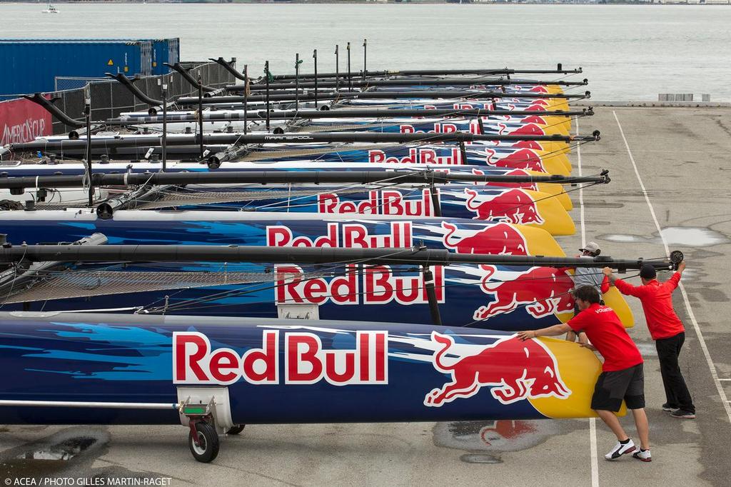 The strict one -design AC45’s lined up ahead of the Red Bull Youth America’s Cup, where the boat tampering with Oracle Team USA’s boats was discovered. © ACEA - Photo Gilles Martin-Raget http://photo.americascup.com/
