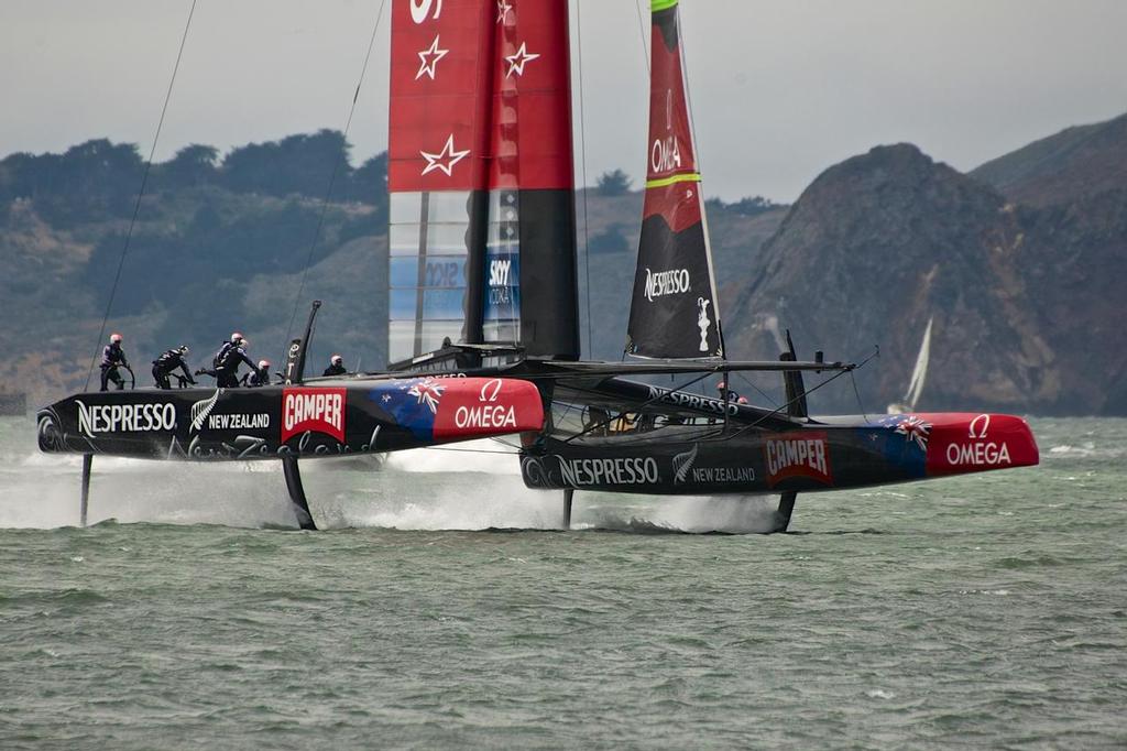 Emirates Team NZ prepares for a gybe while training in San Francisco Saturday August 4, 2013 photo copyright Chuck Lantz http://www.ChuckLantz.com taken at  and featuring the  class