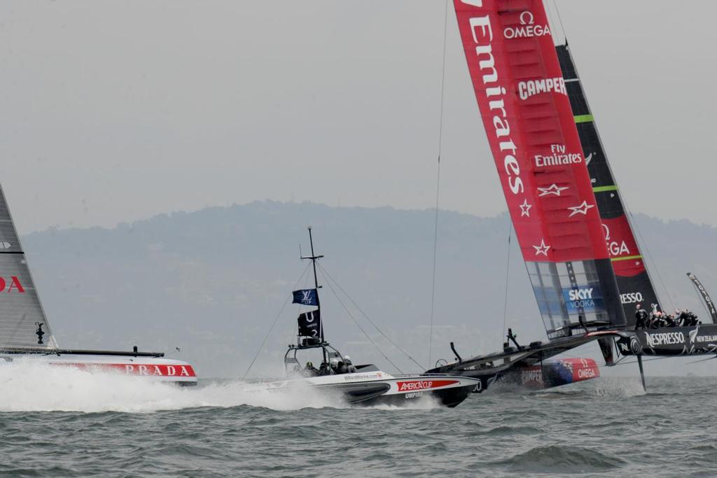 Team New Zealand is leading by just a boat length in front of Luna Rossa but things change very quickly in the second race of the Louis Vuitton Finale in San Francisco, California on August 18, 2013. photo copyright  SW taken at  and featuring the  class