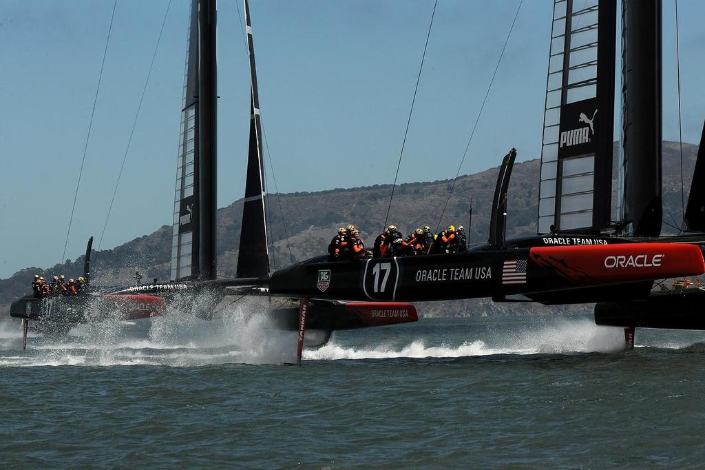 Oracle boats are out practicing on the Bay in San Francisco on August 24, 2013 before the 7th race even starts at the Louis Vuitton Cup Final. ©  SW