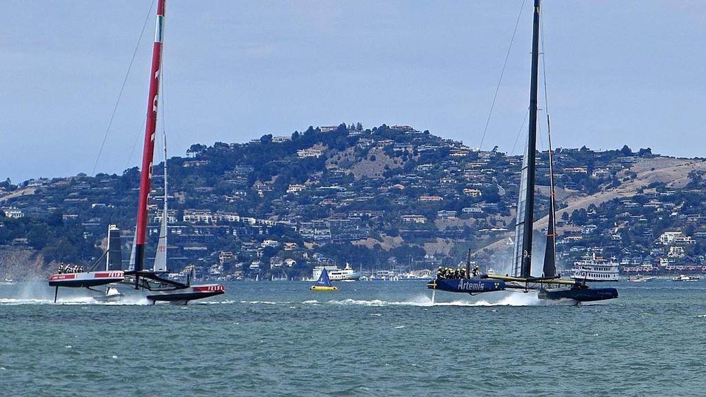 Artemis Racing leads Luna Rossa at the first mark, Semi-Final, Louis Vuitton Cup, San Francisco August 7, 2013 photo copyright John Navas  taken at  and featuring the  class