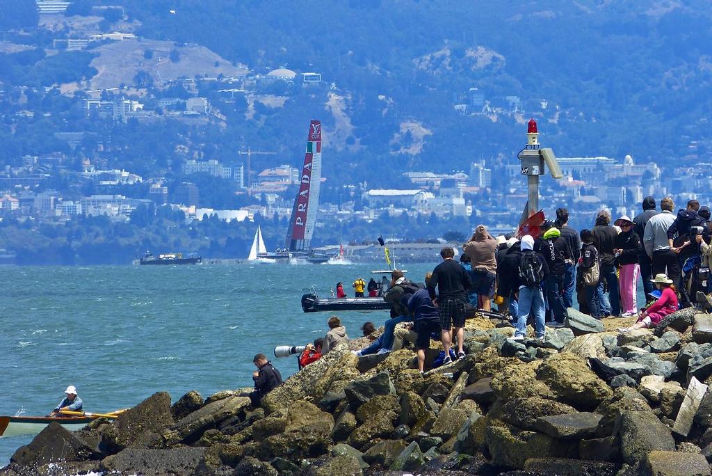 Fan on the shore, Semi-Final, Louis Vuitton Cup, San Francisco August 7, 2013 photo copyright John Navas  taken at  and featuring the  class