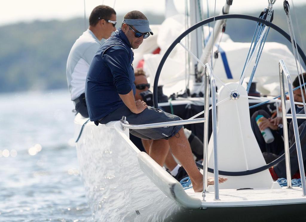 Stratis Andreadis (Right) of Atalanti Racing looks on after being black flagged by an umpire and thrown out of the match against  Mark Lees, of Team Echo Sail Racing, in the Oakcliff International on the second day of competition, in Cold Spring Harbor near Oyster Bay, NY on September 6, 2013. © 2013 Molly Riley/Oakcliff