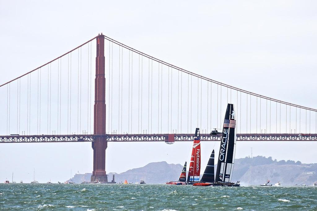 Oracle Team USA v Emirates Team New Zealand. America's Cup Day 3, San Francisco. Emirates Team NZ leads Oracle Team USA on Leg 3 of Race 5 under the shadow of Golden Gate Bridge photo copyright Richard Gladwell www.photosport.co.nz taken at  and featuring the  class