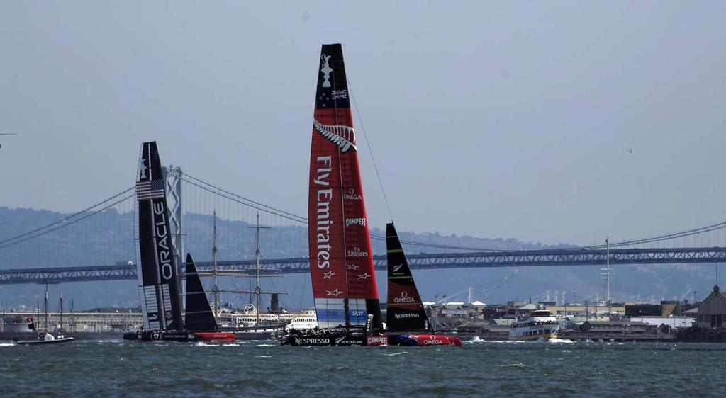 Oracle Team USA trailing Emirates Team NZ during race 5 of the 34th America’s Cup © Chuck Lantz http://www.ChuckLantz.com