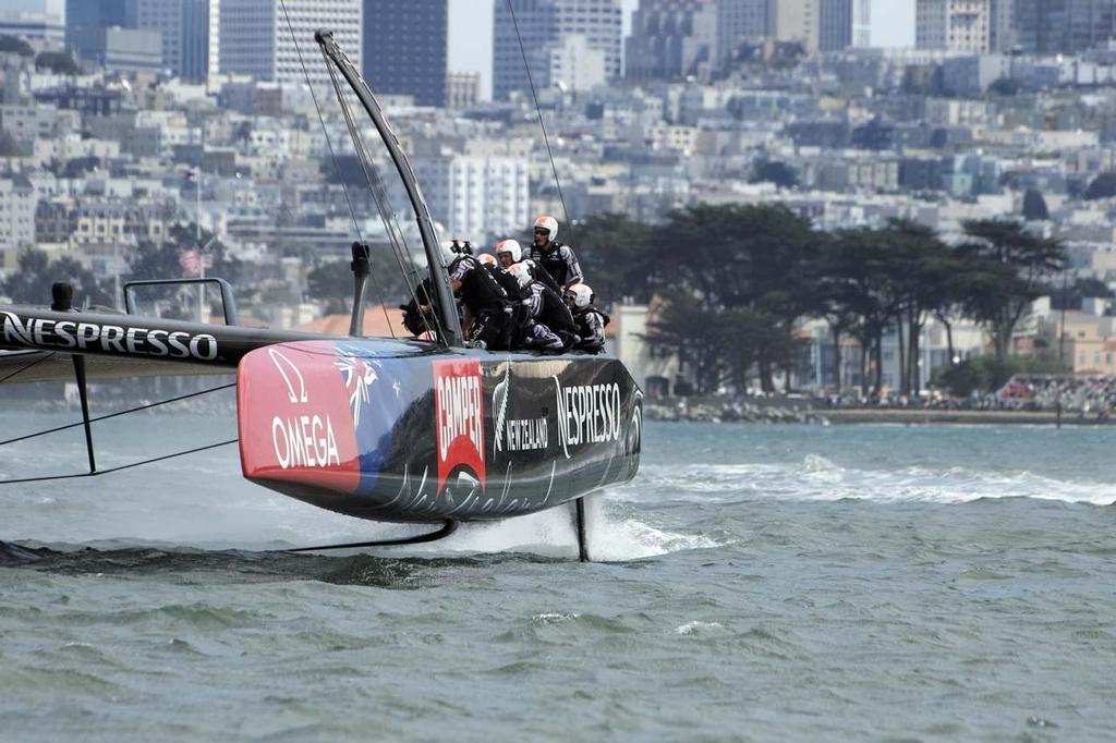 Close up of Emirates Team New Zealand on day 3, race 5 of the 34th America's Cup in San Francisco photo copyright Chuck Lantz http://www.ChuckLantz.com taken at  and featuring the  class