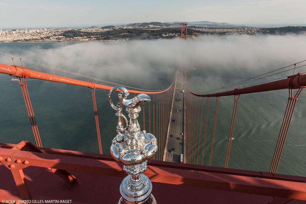 The America's Cup Trophy at the top of Golden Gate Bridge © ACEA - Photo Gilles Martin-Raget http://photo.americascup.com/