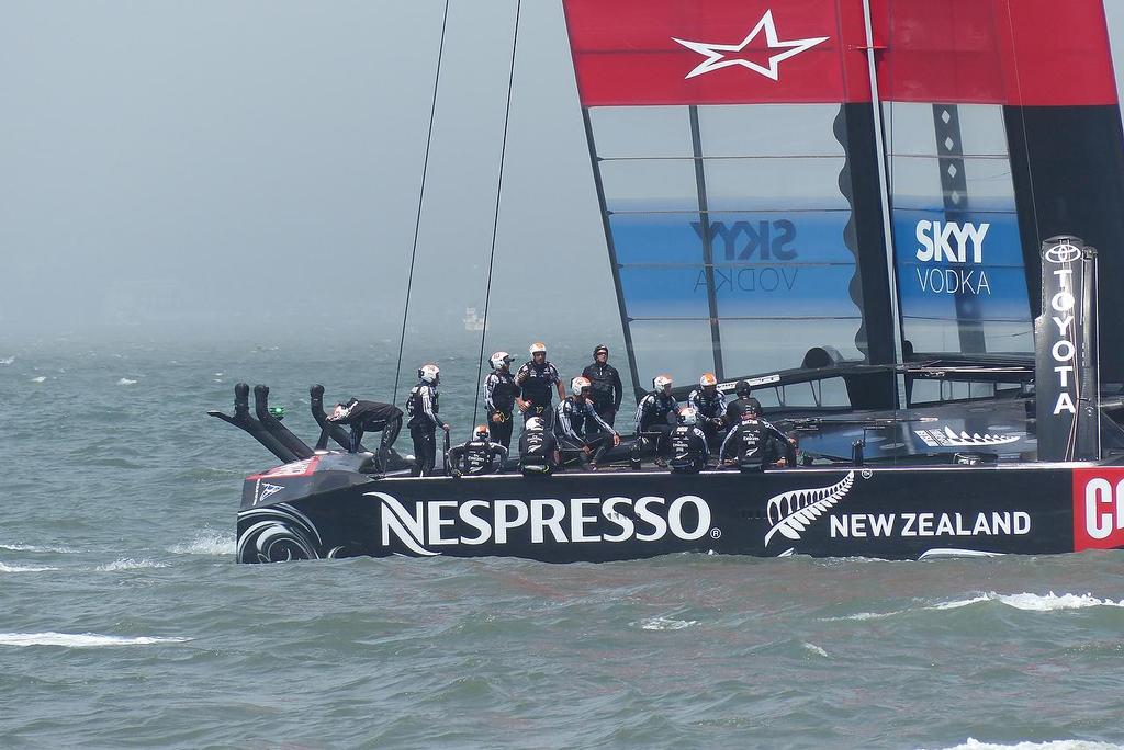 Emirates Team NZ stopped after withdrawing from Race 2 of the Louis Vuitton Cup Final © John Navas 
