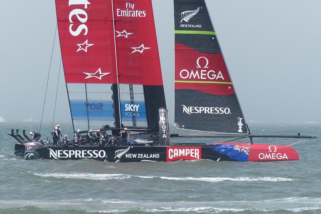 Emirates Team NZ stopped after withdrawing from Race 2 of the Louis Vuitton Cup Final © John Navas 