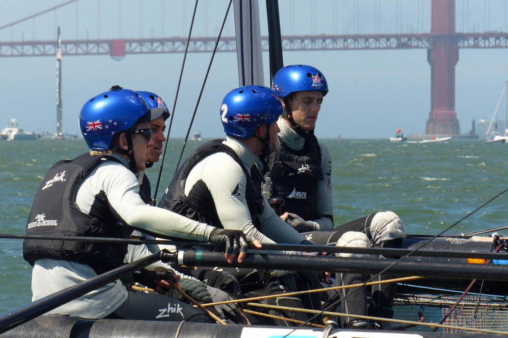 NZL Sailing Team waiting for race 8 to be abandoned. - America's Cup photo copyright John Navas  taken at  and featuring the  class