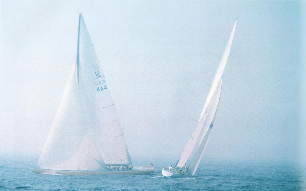 First crossing - Courageous crosses the stern of Southern Cross  - 1974 America's Cup photo copyright Paul Darling Photography Maritime Productions www.sail-world.com/nz taken at  and featuring the  class