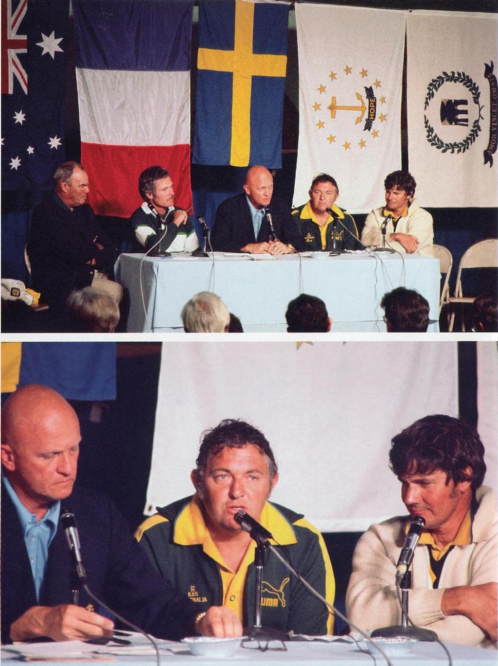 Noel Robins (far right in both images) in the media conference in the State Armoury following the 1980 America’s. Lefty to right in the top images are: Lee Loomis, head of the Courageous syndicate; skipper Ted Turner, moderator, Bill Ficker, Alan Bond and Noel Robins. photo copyright Paul Darling Photography Maritime Productions www.sail-world.com/nz taken at  and featuring the  class