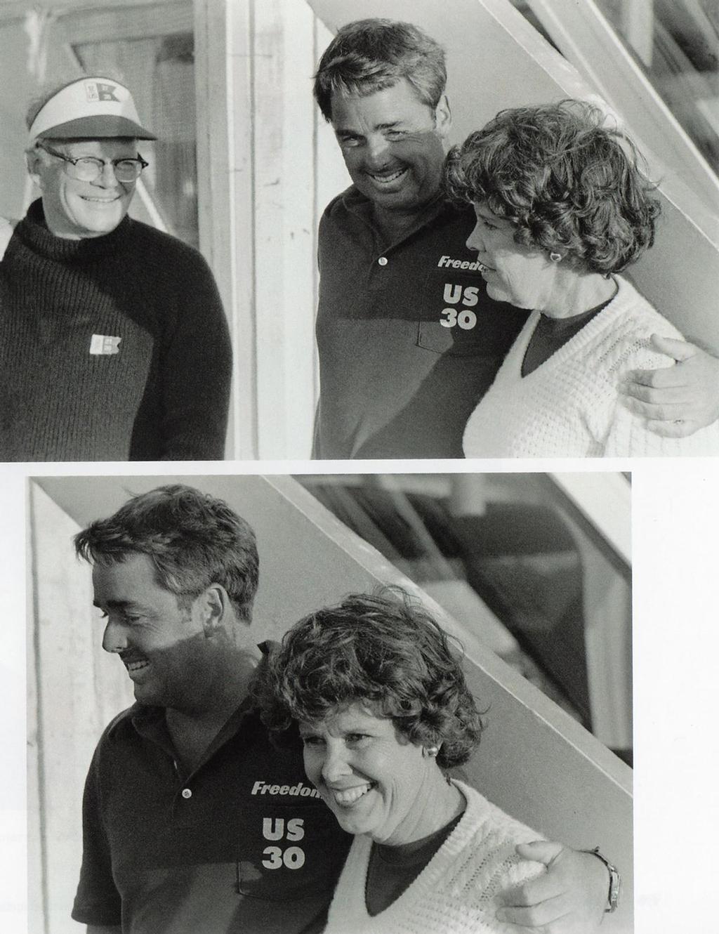 Dennis Conner welcomes Lucy Jewett, in 1980, as Lucy’s husband,George - Chairman of the Freedom Syndicate looks on. photo copyright Paul Darling Photography Maritime Productions www.sail-world.com/nz taken at  and featuring the  class