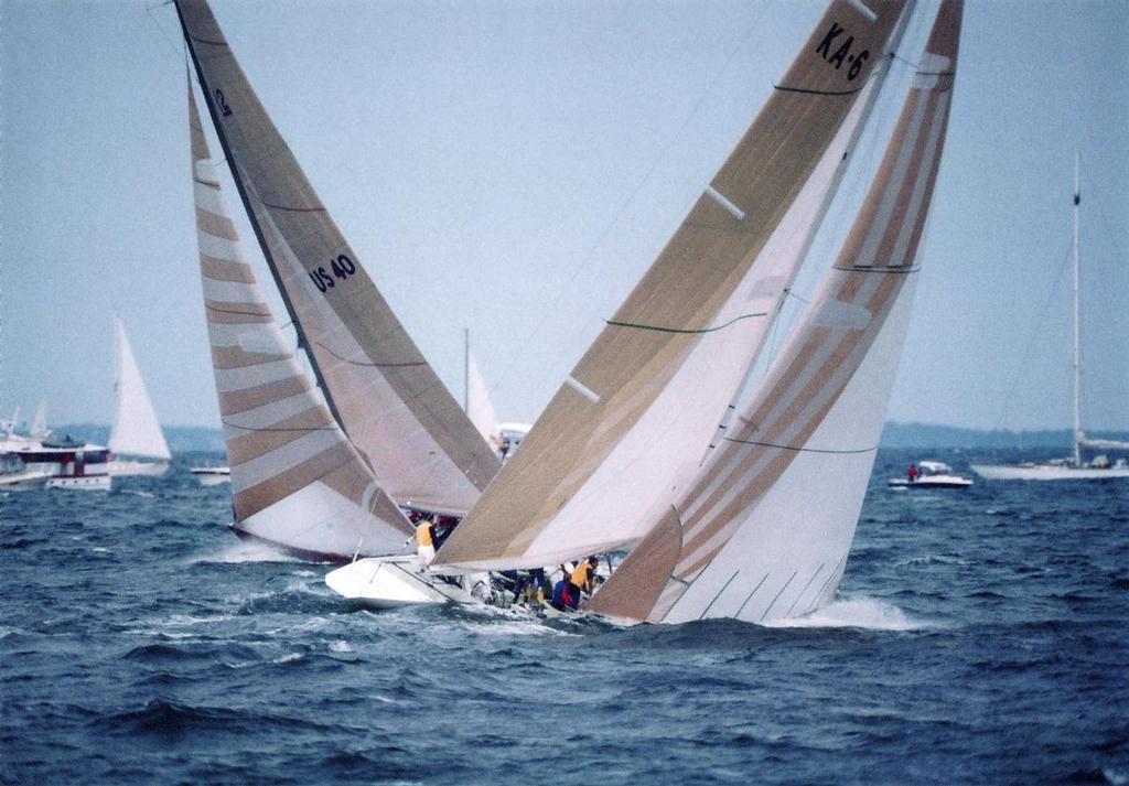 Australia II is covered by Liberty in Race 1 of the 1983 America’s Cup © Maritime Productions LLC http://www.maritimeproductions.tv/