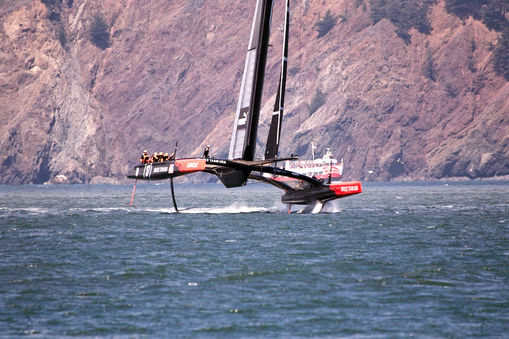 Oracle flies toward San Francisco from the Marin coast. - America’s Cup © Chuck Lantz http://www.ChuckLantz.com