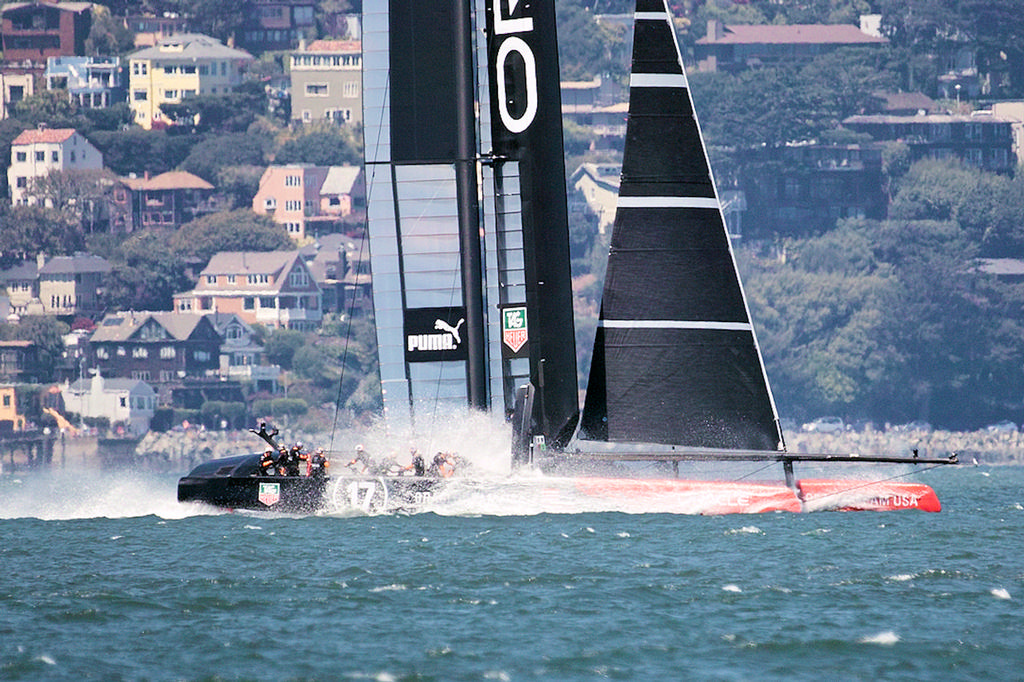 Oracle crew gets another cold dousing as they drop after another gybe attempt.  - America’s Cup © Chuck Lantz http://www.ChuckLantz.com