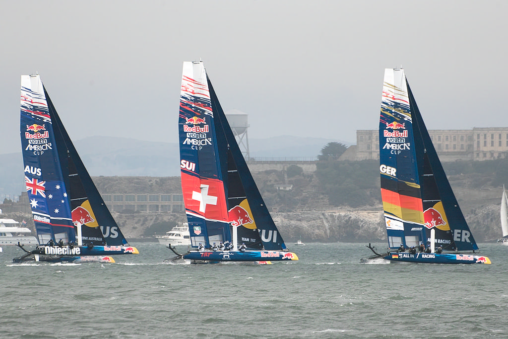 Germany leading Switzerland and one of two New Zealand team boats past Alcatraz. - Red Bull Youth America&rsquo;s Cup photo copyright Chuck Lantz http://www.ChuckLantz.com taken at  and featuring the  class