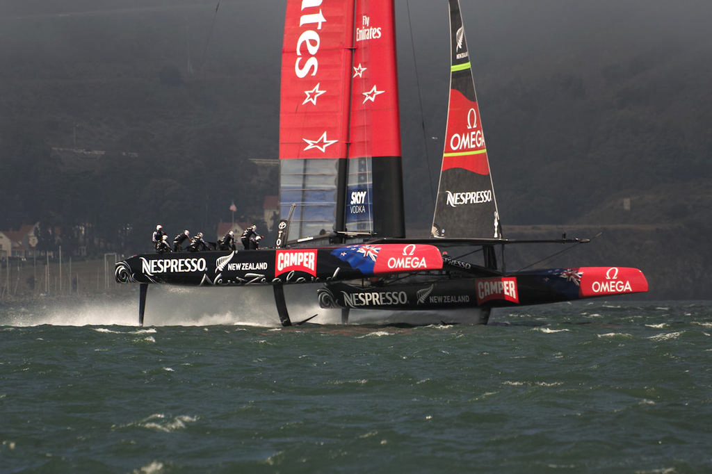 Both boards down in a pre-gybe stance.  - America’s Cup © Chuck Lantz http://www.ChuckLantz.com