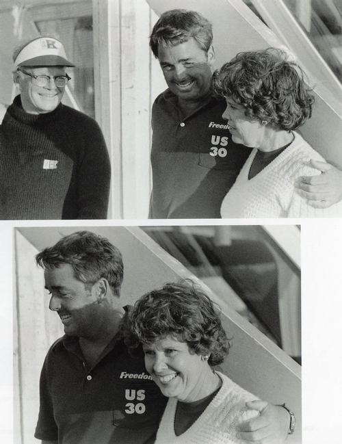 Dennis Conner welcomes Lucy Jewett, in 1980, as Lucy’s husband,George - Chairman of the Freedom Syndicate looks on. © Paul Darling Photography Maritime Productions www.sail-world.com/nz