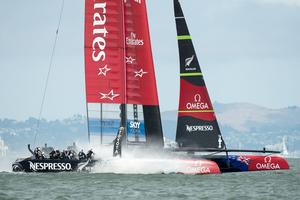 Emirates Team New Zealand prepare for the second race on day three of the America's Cup 34 the race was cancelled when Oracle played their postponement card.  San Francisco. 10/9/2013 photo copyright Chris Cameron/ETNZ http://www.chriscameron.co.nz taken at  and featuring the  class