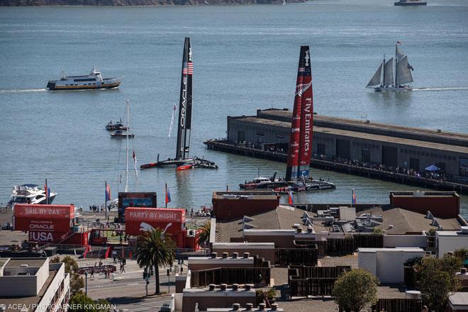 18/09/2013 - San Francisco (USA CA) - 34th America’s Cup - Race day 8, Oracle Team USA vs Emirates Team New Zealand, AC72 on the mooring at America’s Cup Park - the view from Coit Tower © ACEA / Photo Abner Kingman http://photo.americascup.com