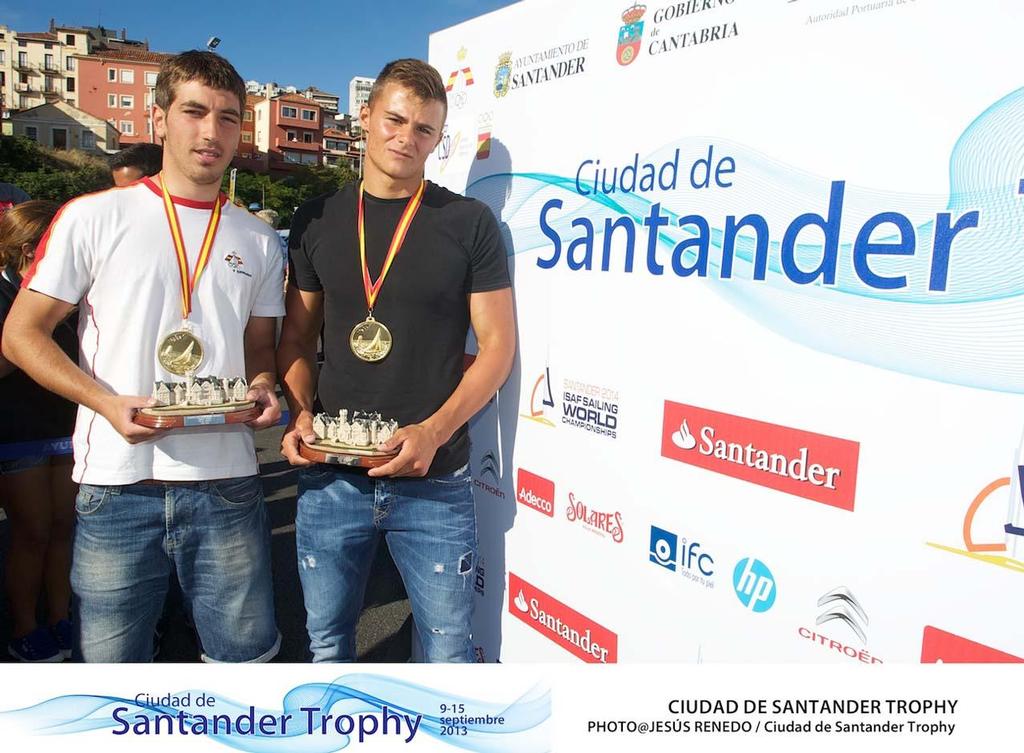 CIUDAD DE SANTANDER Trophy, Isaf sailing World Championships test event. Prize giving - 49er ESP-900    Diego Botin  Pablo Turrado photo copyright Jesus Renedo/ Santander City Trophy http://www.santander2014.com/ taken at  and featuring the  class