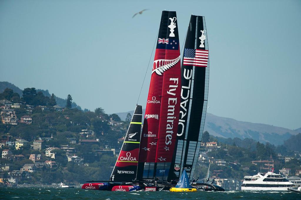 Emirates Team New Zealand NZL5 close out Oracle Team USA  at the start line in race 11 on day seven of America&rsquo;s Cup 34 photo copyright Emirates Team New Zealand http://www.etnzblog.com taken at  and featuring the  class