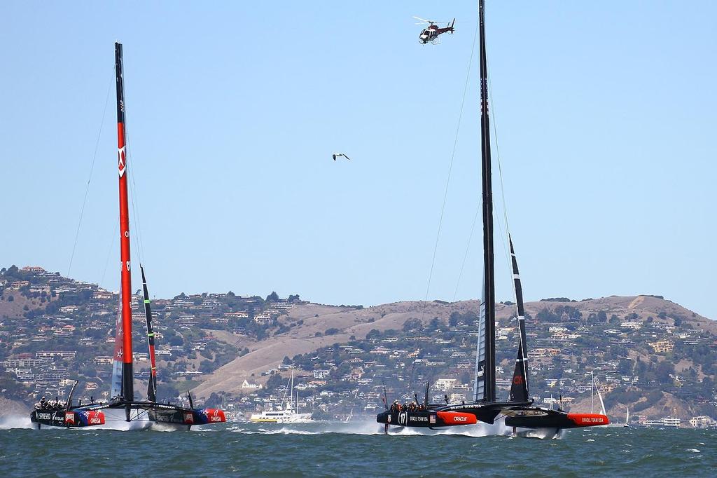 Oracle Team USA v Emirates Team New Zealand. America's Cup Day 6 San Francisco. Emirates Team NZ trails Oracle Team USA to the first Mark in Race 9 photo copyright Richard Gladwell www.photosport.co.nz taken at  and featuring the  class