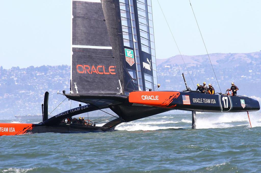 America’s Cup Day 8 San Francisco. Oracle Team USA tacks on Leg 3 chasing Emirates Team New Zealand photo copyright Richard Gladwell www.photosport.co.nz taken at  and featuring the  class