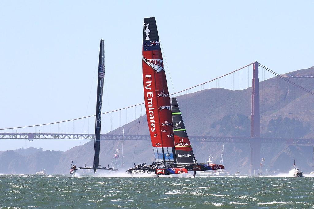 Oracle Team USA v Emirates Team New Zealand. America's Cup Day 8 San Francisco. Emirates Team NZ leads Oracle Team USA on Leg 4 of Race 11 photo copyright Richard Gladwell www.photosport.co.nz taken at  and featuring the  class