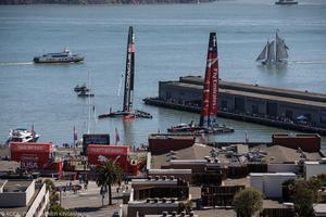 18/09/2013 - San Francisco (USA CA) - 34th America's Cup - Race day 8, ORACLE Team USA vs Emirates Team New Zealand, AC72 on the mooring at America's Cup Park - the view from Coit Tower photo copyright ACEA / Photo Abner Kingman http://photo.americascup.com taken at  and featuring the  class