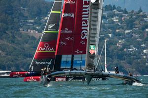 Emirates Team New Zealand stretch their lead over Oracle Team USA on the beat in race six on day four of the America's Cup 34. 12/9/2013 photo copyright Chris Cameron/ETNZ http://www.chriscameron.co.nz taken at  and featuring the  class
