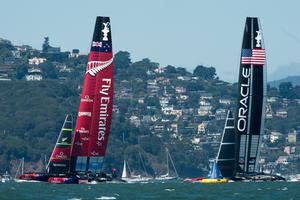 Emirates Team New Zealand and Oracle Team USA start Race eight on day five of the America's Cup 34. 14/9/2013 photo copyright Chris Cameron/ETNZ http://www.chriscameron.co.nz taken at  and featuring the  class