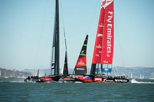Emirates Team New Zealand ducks Oracle Team USA just before the top mark in race ten on day six of America's Cup 34. 15/9/2013 photo copyright Chris Cameron/ETNZ http://www.chriscameron.co.nz taken at  and featuring the  class